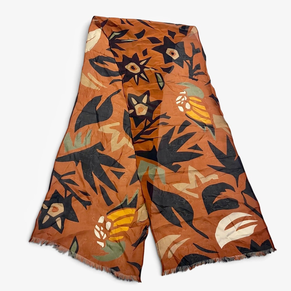 Ginnie Johansen Designs Vintage Silk Scarf Abstract Botanical Rust Orange Black